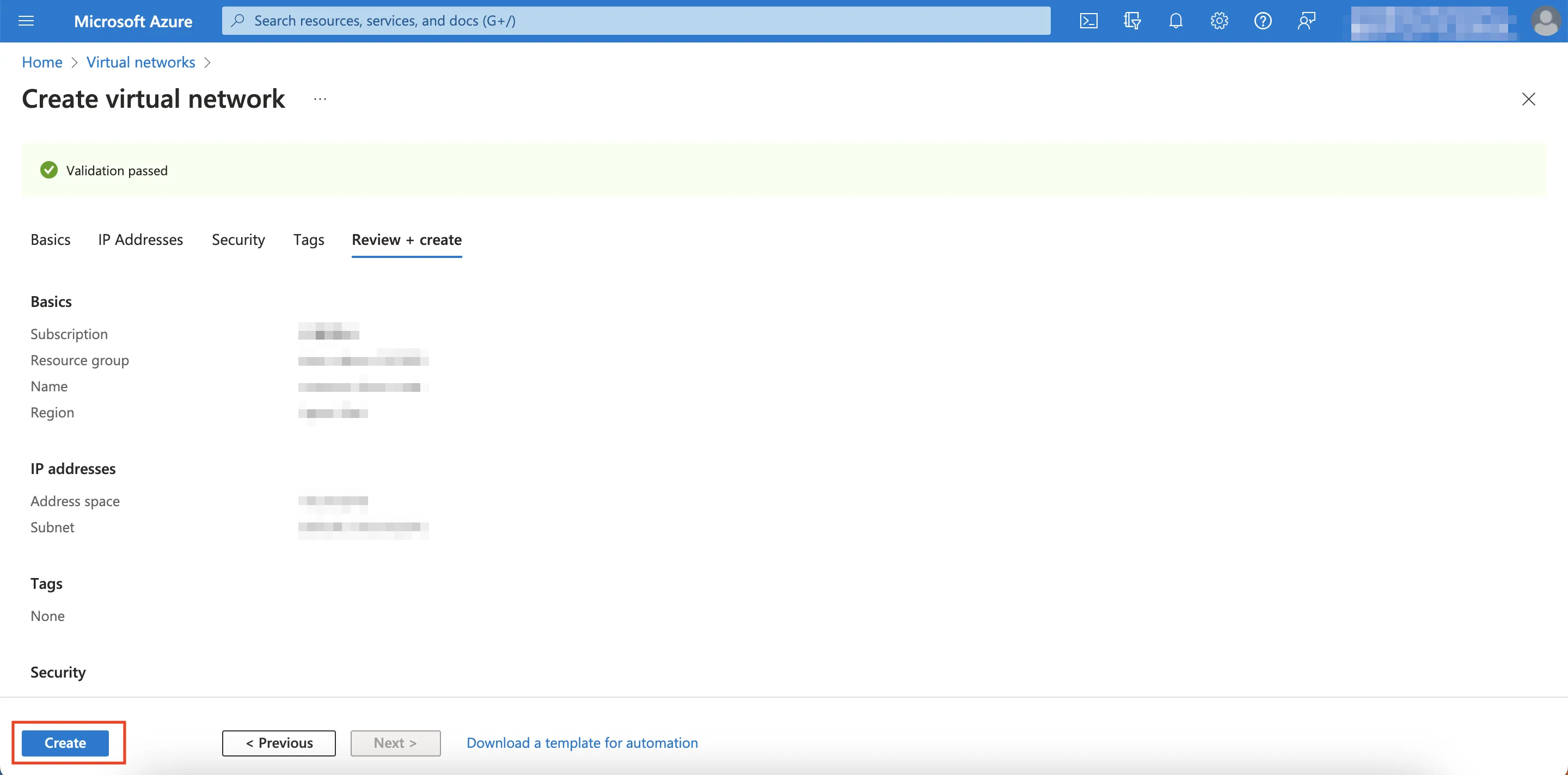 Create Virtual Network Button